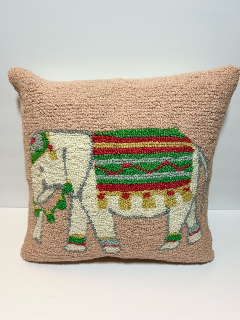 Hooked Wool Elephant Throw Pillow | 15" x 15" | Boho Global Style